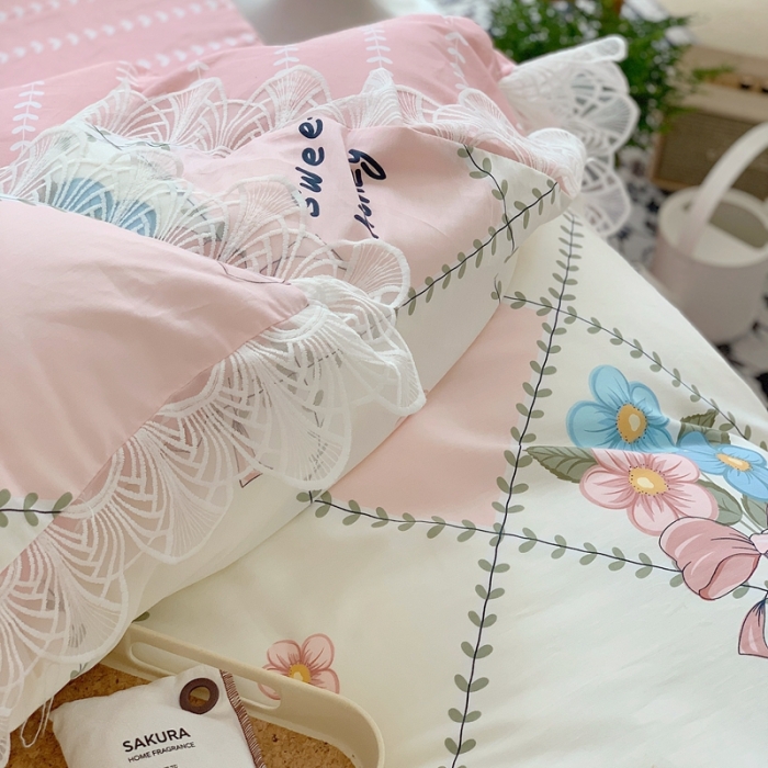 91家纺网 家纺一手货源 找家纺 顾里40支13372复古韩风蕾丝大花边全棉四件套花花蝴蝶结