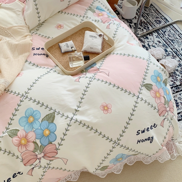 91家纺网 家纺一手货源 找家纺 顾里40支13372复古韩风蕾丝大花边全棉四件套花花蝴蝶结