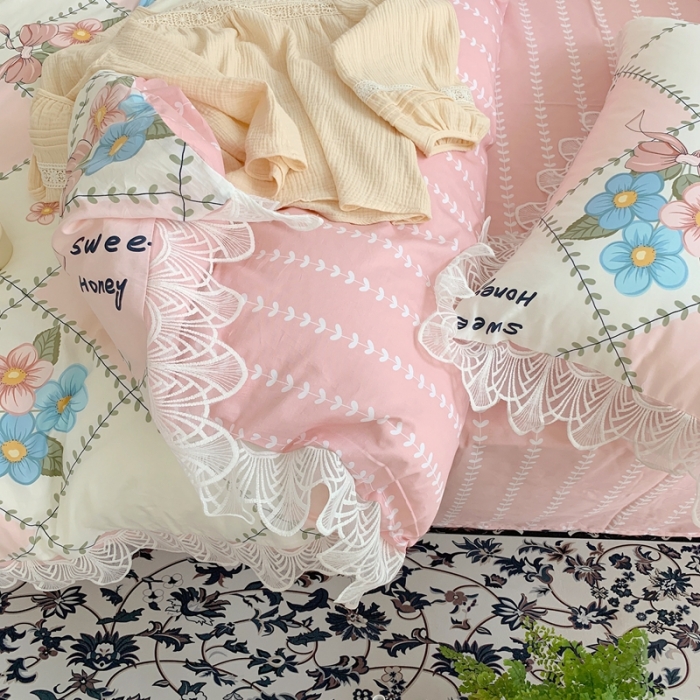 91家纺网 家纺一手货源 找家纺 顾里40支13372复古韩风蕾丝大花边全棉四件套花花蝴蝶结