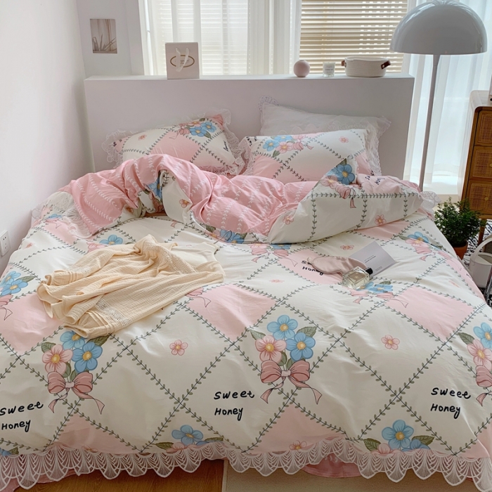 91家纺网 家纺一手货源 找家纺 顾里40支13372复古韩风蕾丝大花边全棉四件套花花蝴蝶结