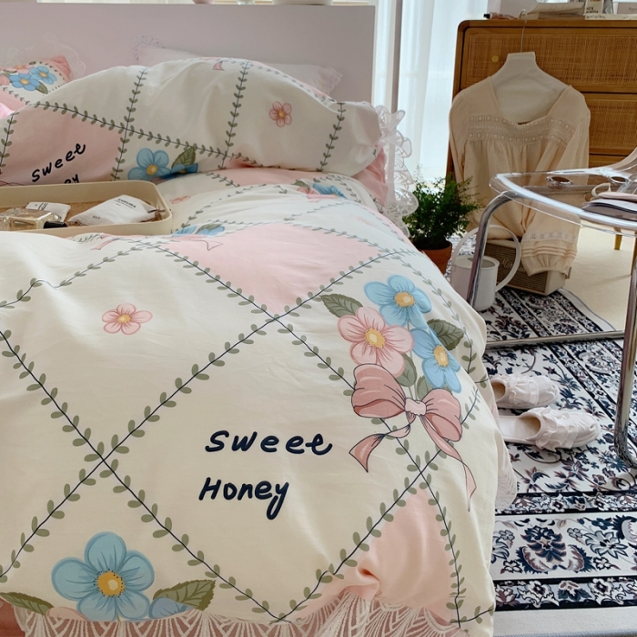 91家纺网 家纺一手货源 找家纺 顾里40支13372复古韩风蕾丝大花边全棉四件套花花蝴蝶结