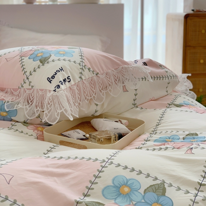 91家纺网 家纺一手货源 找家纺 顾里40支13372复古韩风蕾丝大花边全棉四件套花花蝴蝶结