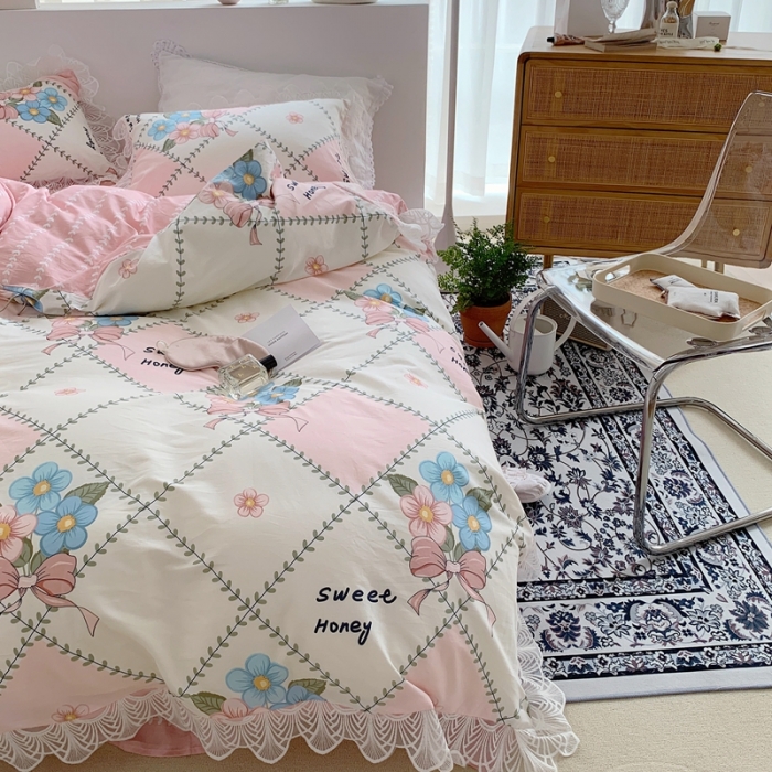 91家纺网 家纺一手货源 找家纺 顾里40支13372复古韩风蕾丝大花边全棉四件套花花蝴蝶结