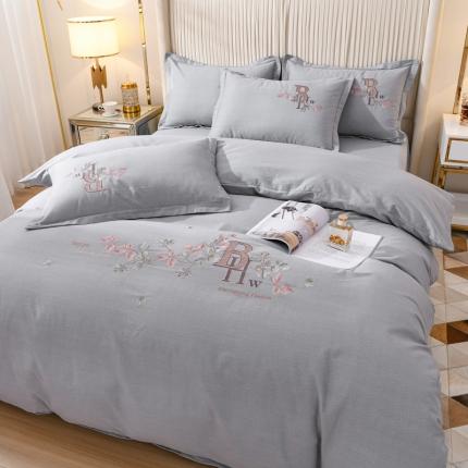 91家纺网 家纺一手货源 找家纺 百花王 2021新款全棉绣花刺绣四件套 浅灰
