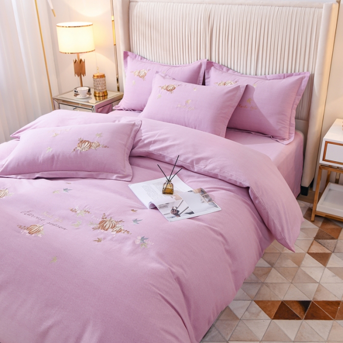 91家纺网 家纺一手货源 找家纺 百花王 2021新款全棉绣花刺绣四件套 粉色