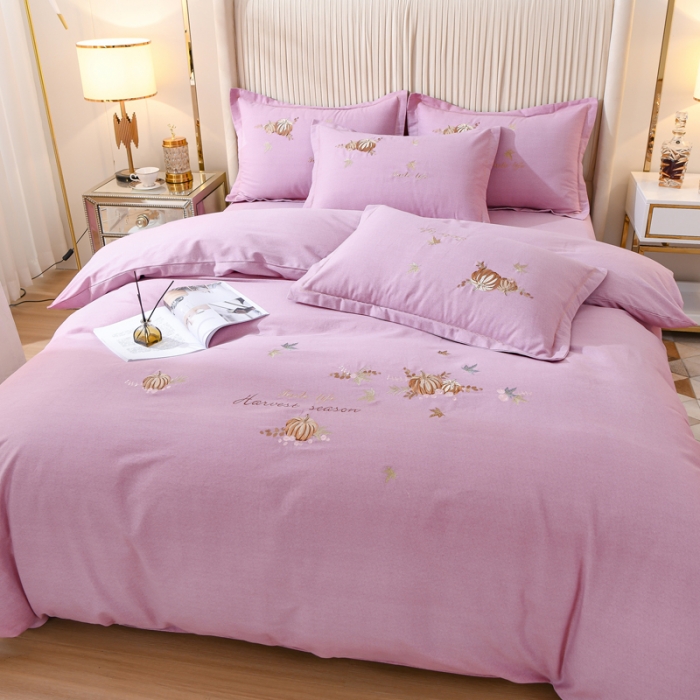 91家纺网 家纺一手货源 找家纺 百花王 2021新款全棉绣花刺绣四件套 粉色