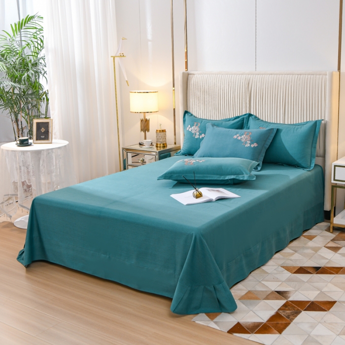 91家纺网 家纺一手货源 找家纺 百花王 2021新款全棉绣花刺绣四件套 绿色