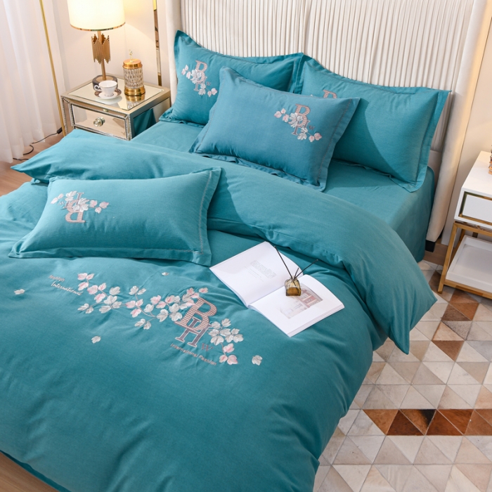 91家纺网 家纺一手货源 找家纺 百花王 2021新款全棉绣花刺绣四件套 绿色