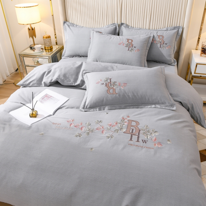 91家纺网 家纺一手货源 找家纺 百花王 2021新款全棉绣花刺绣四件套 浅灰