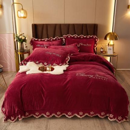 91家纺网 家纺一手货源 找家纺 恒爱 2021新款宝宝绒四件套梦想生活系列 酒红