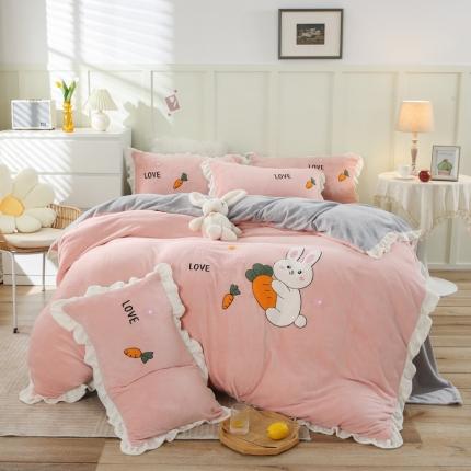 91家纺网 家纺一手货源 找家纺 沐辰 2021新款韩版毛巾绣加厚牛奶绒四件套 萝卜兔兔-粉
