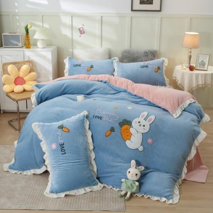 91家纺网 家纺一手货源 找家纺 沐辰 2021新款韩版毛巾绣加厚牛奶绒四件套 萝卜兔兔--蓝