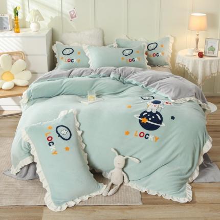 91家纺网 家纺一手货源 找家纺 沐辰 2021新款韩版毛巾绣加厚牛奶绒四件套 太空人-绿