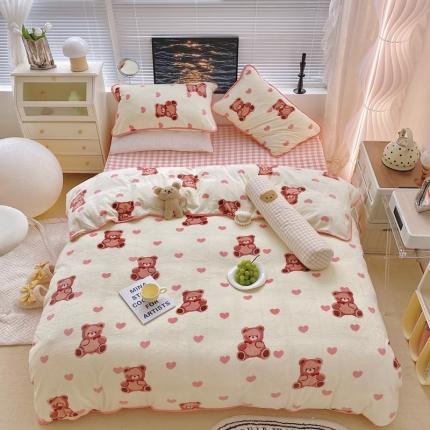 顾里家纺2021新款ins韩国高端保暖牛奶绒四件套爱心熊仔