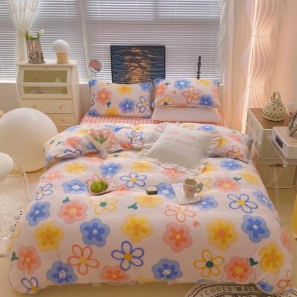 91家纺网 家纺一手货源 找家纺 顾里家纺2021新款ins韩国高端保暖牛奶绒四件套粉油画花花