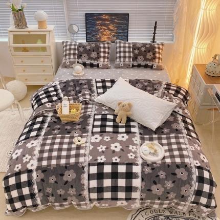 91家纺网 家纺一手货源 找家纺 顾里家纺2021新款ins韩国高端保暖牛奶绒四件套格子碎花