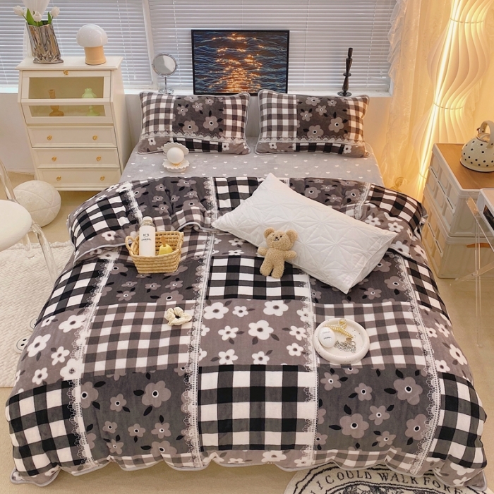 91家纺网 家纺一手货源 找家纺 顾里家纺2021新款ins韩国高端保暖牛奶绒四件套格子碎花