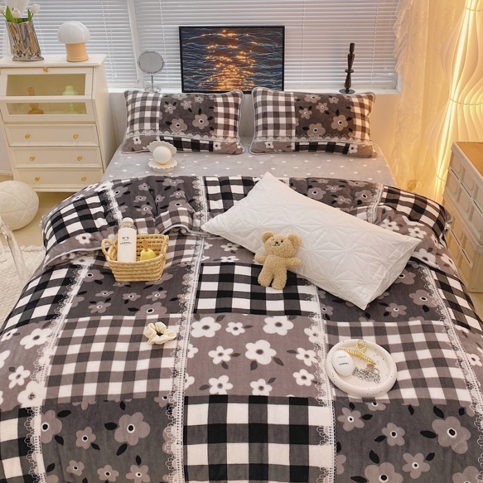 91家纺网 家纺一手货源 找家纺 顾里家纺2021新款ins韩国高端保暖牛奶绒四件套格子碎花