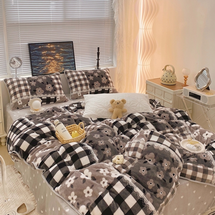 91家纺网 家纺一手货源 找家纺 顾里家纺2021新款ins韩国高端保暖牛奶绒四件套格子碎花