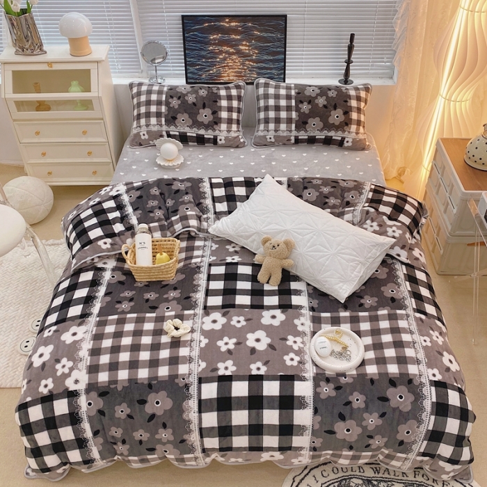 91家纺网 家纺一手货源 找家纺 顾里家纺2021新款ins韩国高端保暖牛奶绒四件套格子碎花