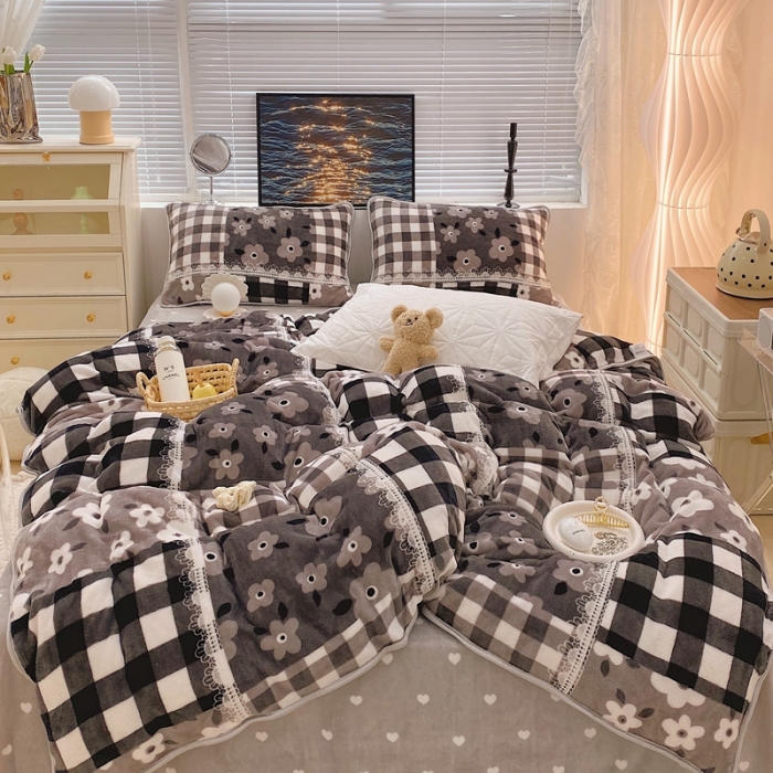 91家纺网 家纺一手货源 找家纺 顾里家纺2021新款ins韩国高端保暖牛奶绒四件套格子碎花