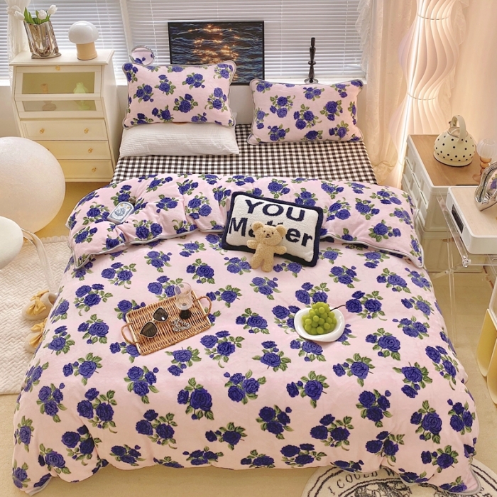 91家纺网 家纺一手货源 找家纺 顾里家纺2021新款ins韩国高端保暖牛奶绒四件套韩国紫花