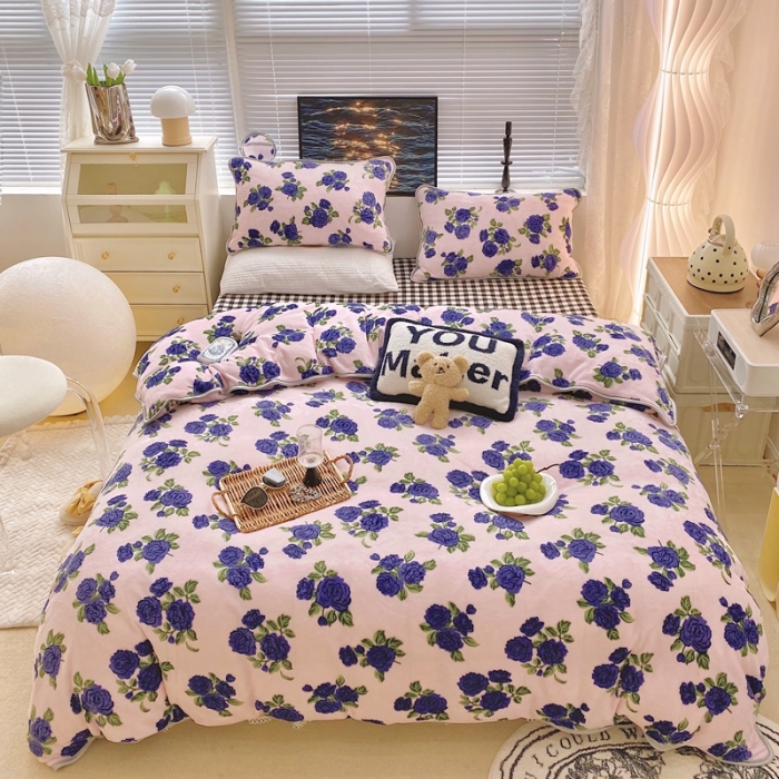 91家纺网 家纺一手货源 找家纺 顾里家纺2021新款ins韩国高端保暖牛奶绒四件套韩国紫花