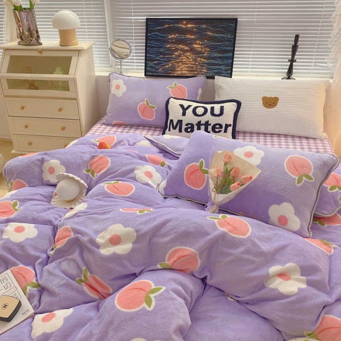 91家纺网 家纺一手货源 找家纺 顾里家纺2021新款ins韩国高端保暖牛奶绒四件套花朵蜜桃