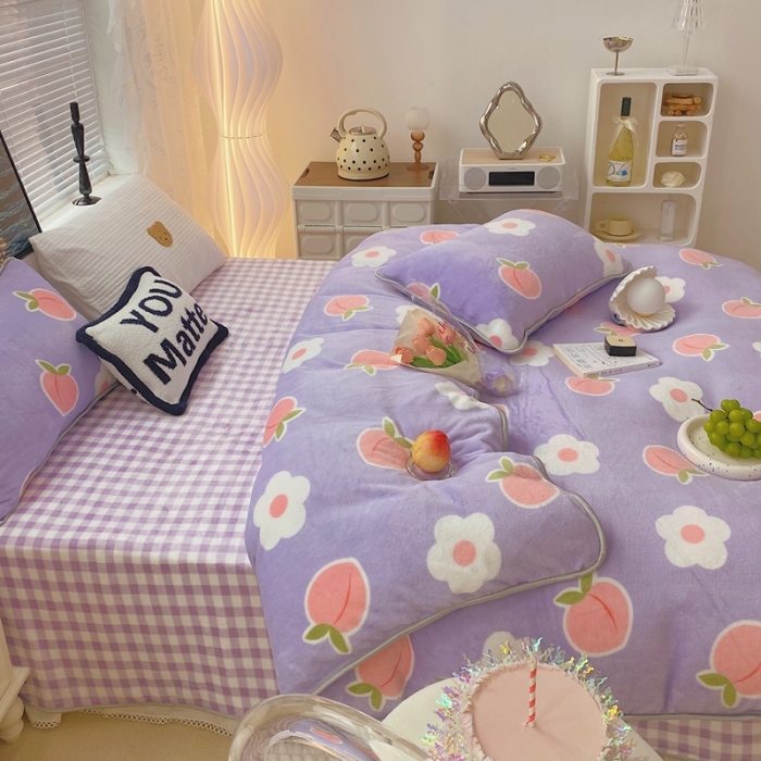 91家纺网 家纺一手货源 找家纺 顾里家纺2021新款ins韩国高端保暖牛奶绒四件套花朵蜜桃