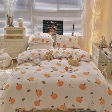 91家纺网 家纺一手货源 找家纺 顾里家纺2021新款ins韩国高端保暖牛奶绒四件套桔子小花