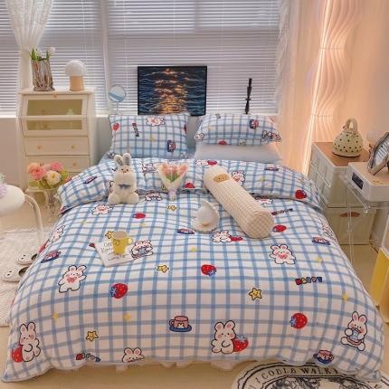 91家纺网 家纺一手货源 找家纺 顾里家纺2021新款ins韩国高端保暖牛奶绒四件套蓝格小兔