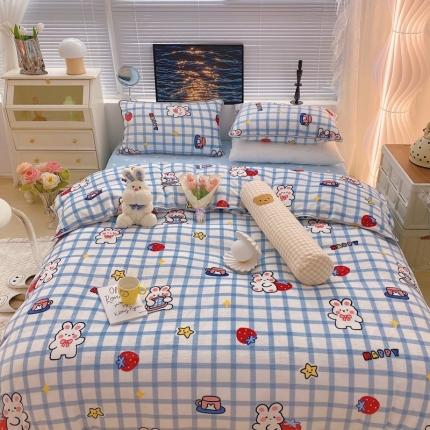 顾里家纺2021新款ins韩国高端保暖牛奶绒四件套蓝格小兔