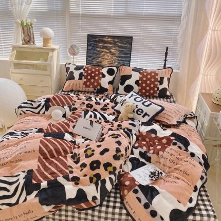 顾里家纺2021新款ins韩国高端保暖牛奶绒四件套拼接豹纹