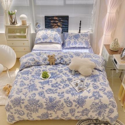 91家纺网 家纺一手货源 找家纺 顾里家纺2021新款ins韩国高端保暖牛奶绒四件套山茶花