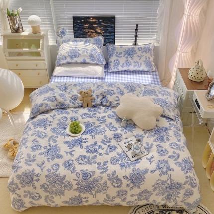 顾里家纺2021新款ins韩国高端保暖牛奶绒四件套山茶花