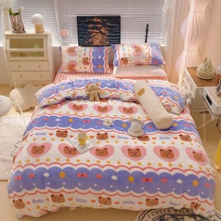 91家纺网 家纺一手货源 找家纺 顾里家纺2021新款ins韩国高端保暖牛奶绒四件套幸运熊仔