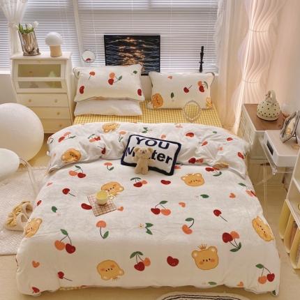 顾里家纺2021新款ins韩国高端保暖牛奶绒四件套樱桃小熊