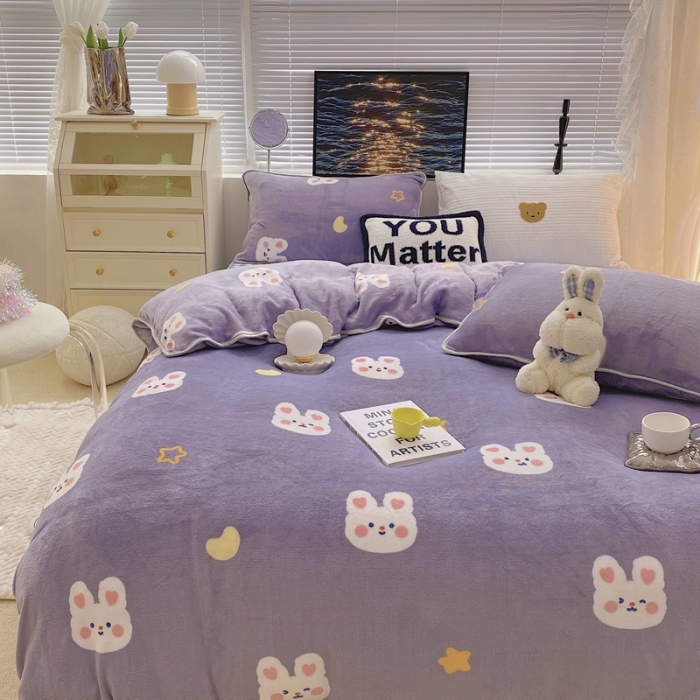 91家纺网 家纺一手货源 找家纺 顾里家纺2021新款ins韩国高端保暖牛奶绒四件套月亮兔兔