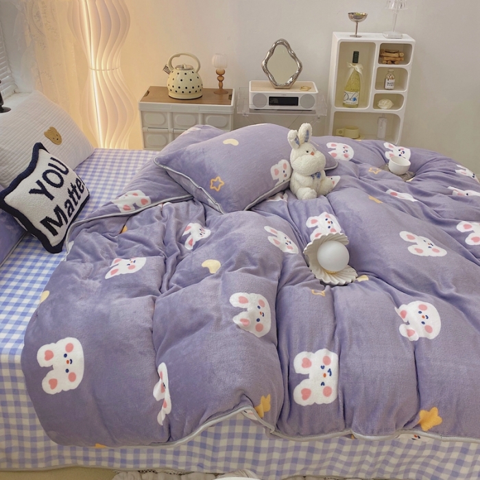 91家纺网 家纺一手货源 找家纺 顾里家纺2021新款ins韩国高端保暖牛奶绒四件套月亮兔兔