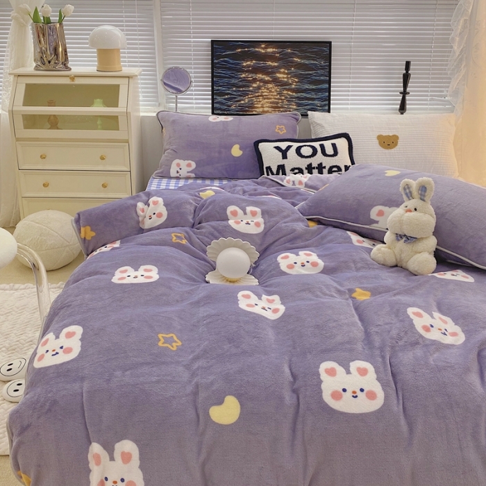 91家纺网 家纺一手货源 找家纺 顾里家纺2021新款ins韩国高端保暖牛奶绒四件套月亮兔兔