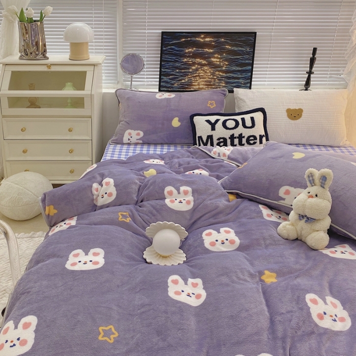 91家纺网 家纺一手货源 找家纺 顾里家纺2021新款ins韩国高端保暖牛奶绒四件套月亮兔兔