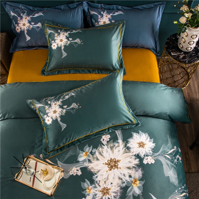 91家纺网 家纺一手货源 找家纺 青竹苑 2021新款真丝绒数码印花四件套 菲欧娜-绿