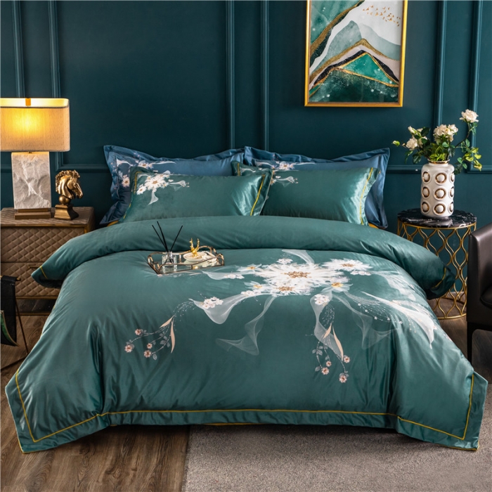 91家纺网 家纺一手货源 找家纺 青竹苑 2021新款真丝绒数码印花四件套 菲欧娜-绿