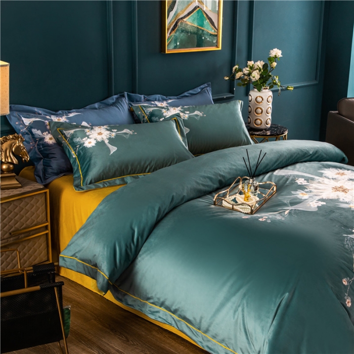 91家纺网 家纺一手货源 找家纺 青竹苑 2021新款真丝绒数码印花四件套 菲欧娜-绿