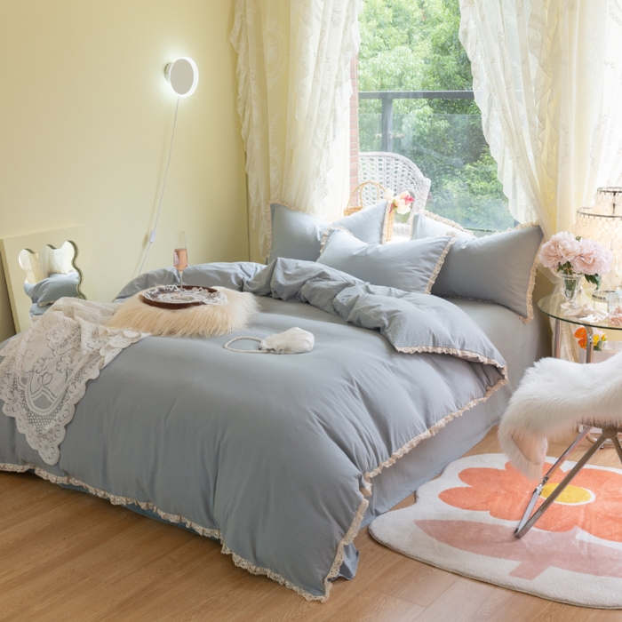 91家纺网 家纺一手货源 找家纺 千朵 2021年新款直播爆款全棉水洗棉四件套 水洗棉兰灰