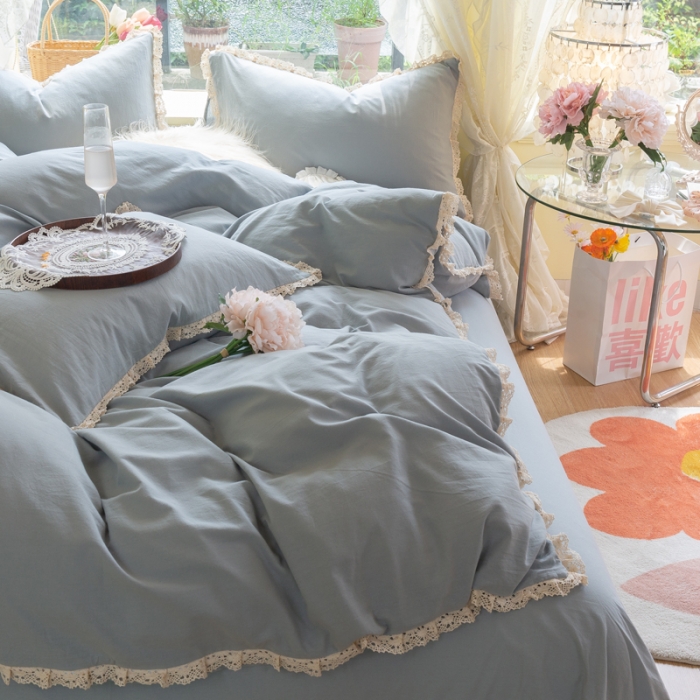 91家纺网 家纺一手货源 找家纺 千朵 2021年新款直播爆款全棉水洗棉四件套 水洗棉兰灰