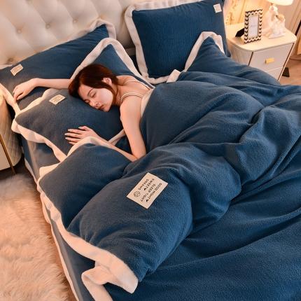 91家纺网 家纺一手货源 找家纺 印季 2023新款泰迪绒花边四件套 蓝灰