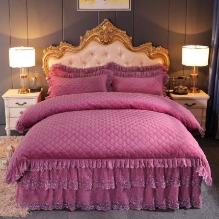 91家纺网 家纺一手货源 找家纺 恒爱2021新款水晶绒夹棉床裙款翩翩花舞系列四件套 豆沙红