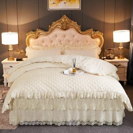 91家纺网 家纺一手货源 找家纺 恒爱2021新款水晶绒夹棉床裙款翩翩花舞系列四件套 米白色