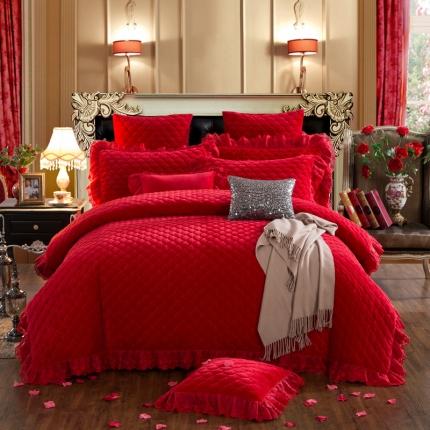 恒爱2021新款水晶绒夹棉床裙款翩翩花舞系列四件套 大红色